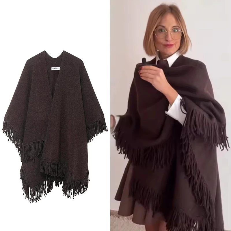 

Chic Tassel Knitted Cloak Jackets for Women 2025 Autumn Winter New In Cape Coat Streetwear Casual Poncho Jacket New Outerwear ﻿