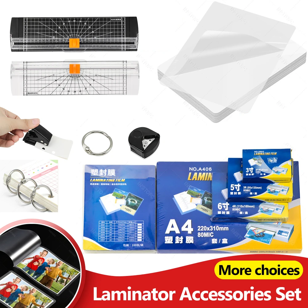 Accessoires pour plastifieuse A4, 50 pochettes de film de plastification, coupe-papier léger, anneaux de reliure, perforateur d'angle, pour photos/dossiers