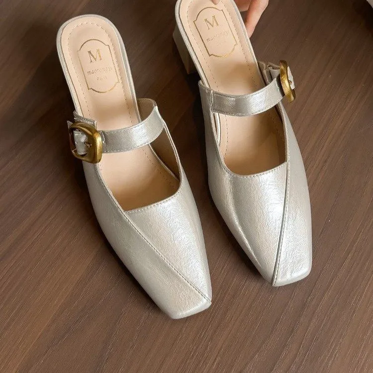 Sommerneue Mules mit eckiger Zehenpartie, modische Sandalen mit geschlossener Zehenpartie für Damen, Sommer-Outdoor-Schuhe mit dickem Absatz zum Hineinschlüpfen