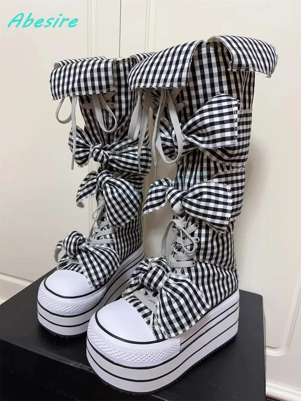 Black and White Checkered Platform Knee High Boots Wedges Butterfly Knot Lace-Up Shoes for Women Y2K Country Sweet Cute Shoes view 3