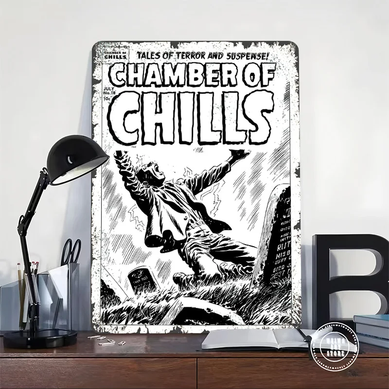 CHAMBER OF CHILLS 18 WHITE Poster Customized Wall Art Vintage Metal Signs Retro Tin Plaque for Man Cave Bathroom Decor Wand Deko