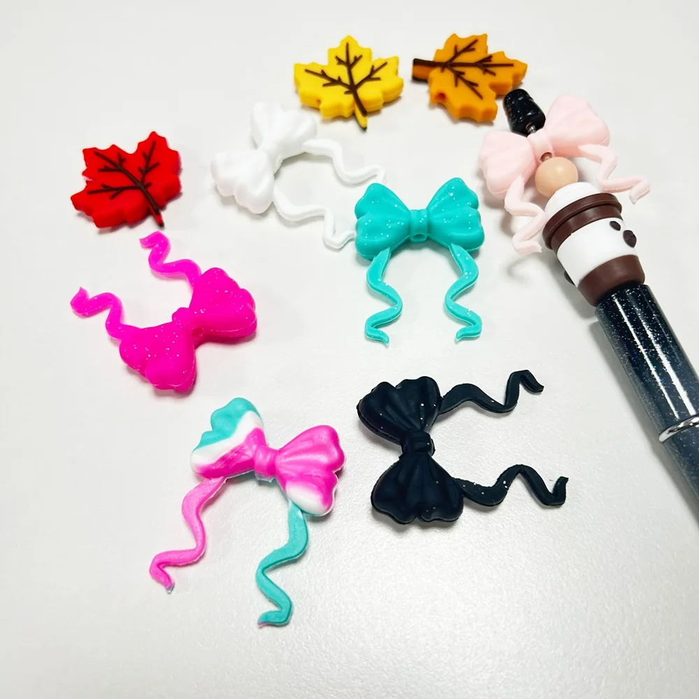 Kovict New 10pcs Colorful Maple Leaf Bow Sunflower Animal Silicone Focal Bead DIY For Jewelry Making Beaded Pen Decoration