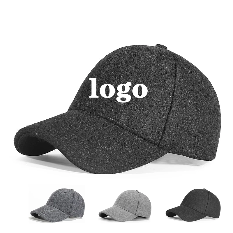 Autumn Winter Blank Woollen Blend Felt Thickened Baseball Cap Customizable Blank 6 Panel Warm Hat  Men and Women Snapback Cap