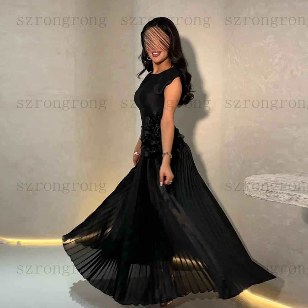 겸손한 오-넥 새틴 Pleated a 라인 긴 사우디 신부 드레스 여성을위한 수제 꽃 민소매 이브닝 가운 맞춤 제작