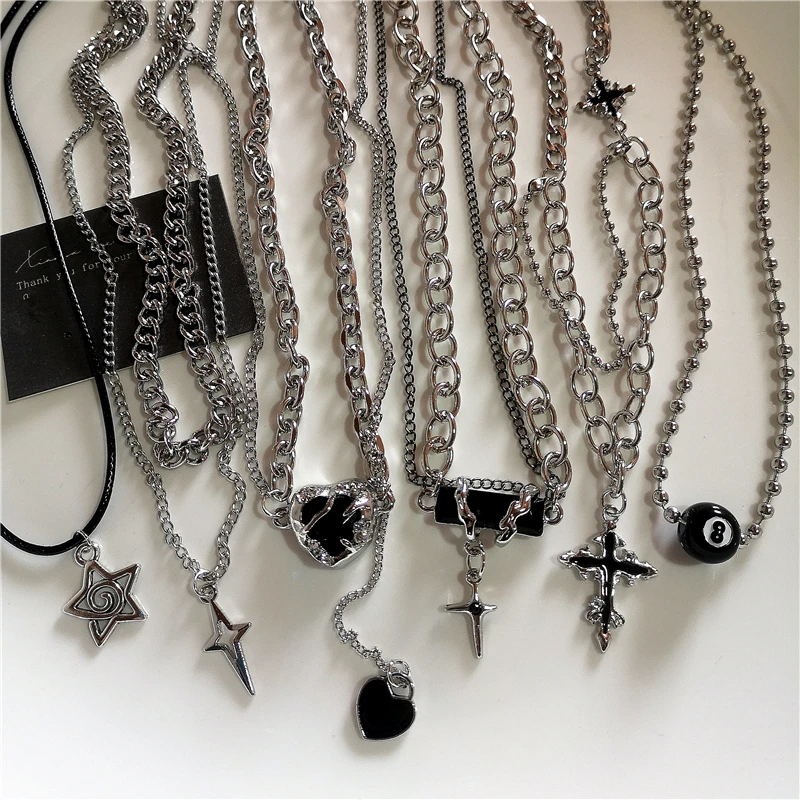 Gothic Black Cross Star Pendant Chain Necklace Y2k Choker Women Men Charm Grunge Punk Fashion Jewelry ﻿Harajuku Emo Accessories