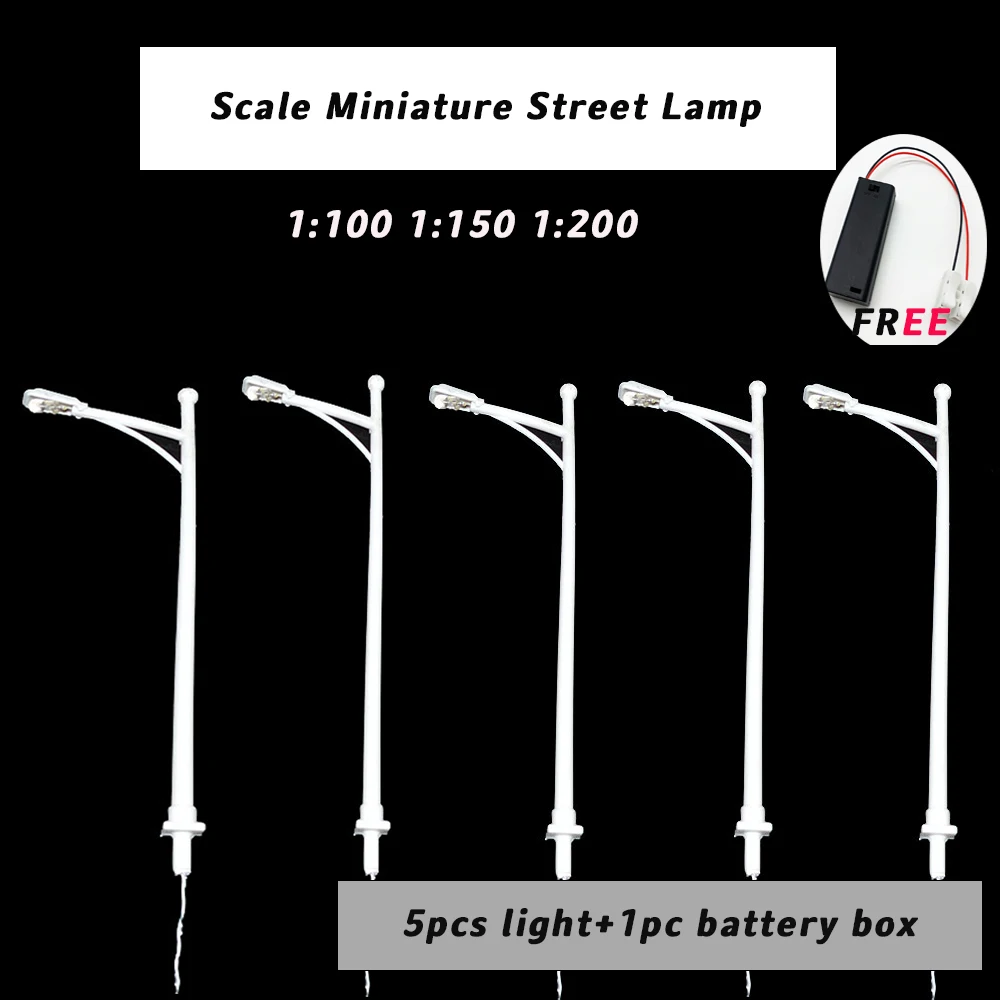 5pcs 1:100 1:150 Miniature Street Lamp Model Light Plus 1PC Free 3V Battery Box Railway Train Layout ABS Plastic Toys Diorama