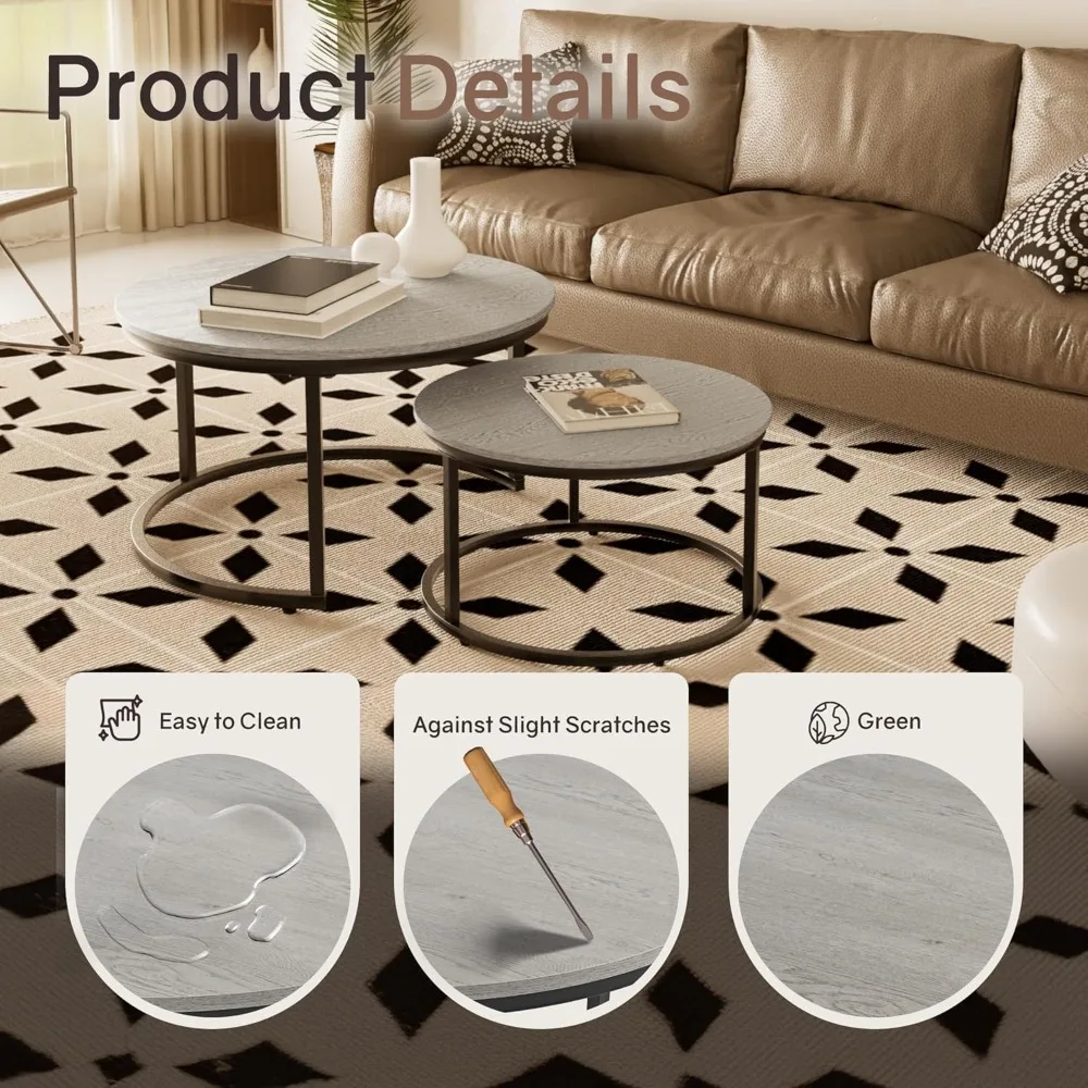 زوج من 31.5 طاولات قهوة مستديرة متداخلة من الحبوب الخشبية مع أقدام قابلة للتعديل غير قابلة للانزلاق #3