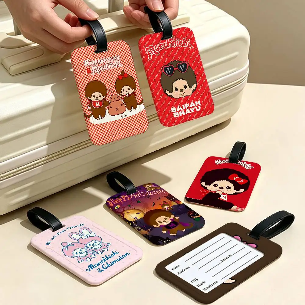 Cartoon Lawaii Anime M-Monchhichi Reisekoffer-Gepäckanhänger PVC-Informationskartenhülle Anti-Verlust-Namensmarkierung für Rucksacktasche