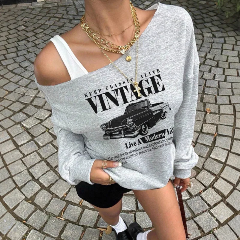 

Letter Print Patchwork Asymmetrical Shoulder Loose Pullover Women Autumn Grey Color Blocking Splice Long Sleeve Sweatshirt Tops