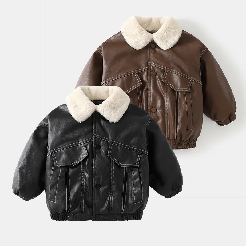 New Winter Thick Keep Warm Boys Leather Jacket Fur Collar With Plush Lining Design Waterproof And Stain Resistant Coat For Kids