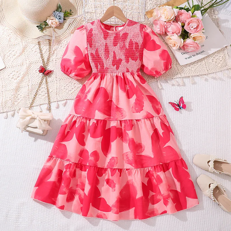 2025 New Arrival Girls Short Puff Sleeve Print Butterfly Red Roupa Infantil Menina Cute Party Dress Custume 8-12T