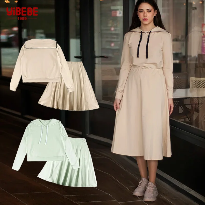 

Women's Set top tee and skirt long sleeves sailor collar with string for lady clothes cotton french terry material size XS-XXXL