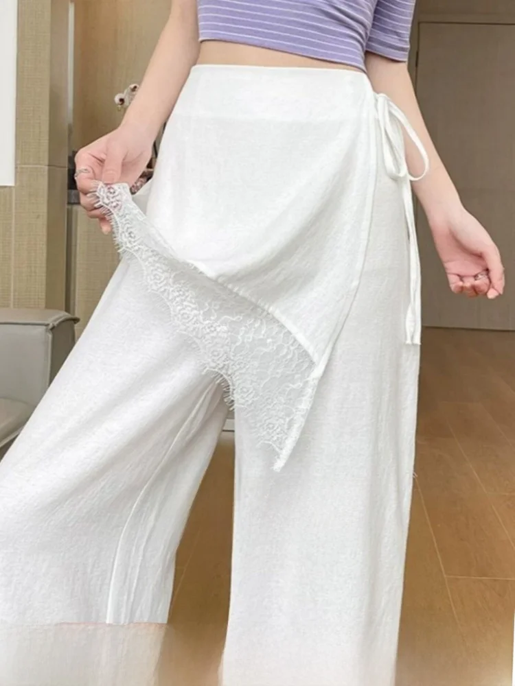 

Slimming Effect Lace Trim Casual Pants Women's Loose Patchwork Wide Leg Pants High Waist Straight Leg Summer Commute Style