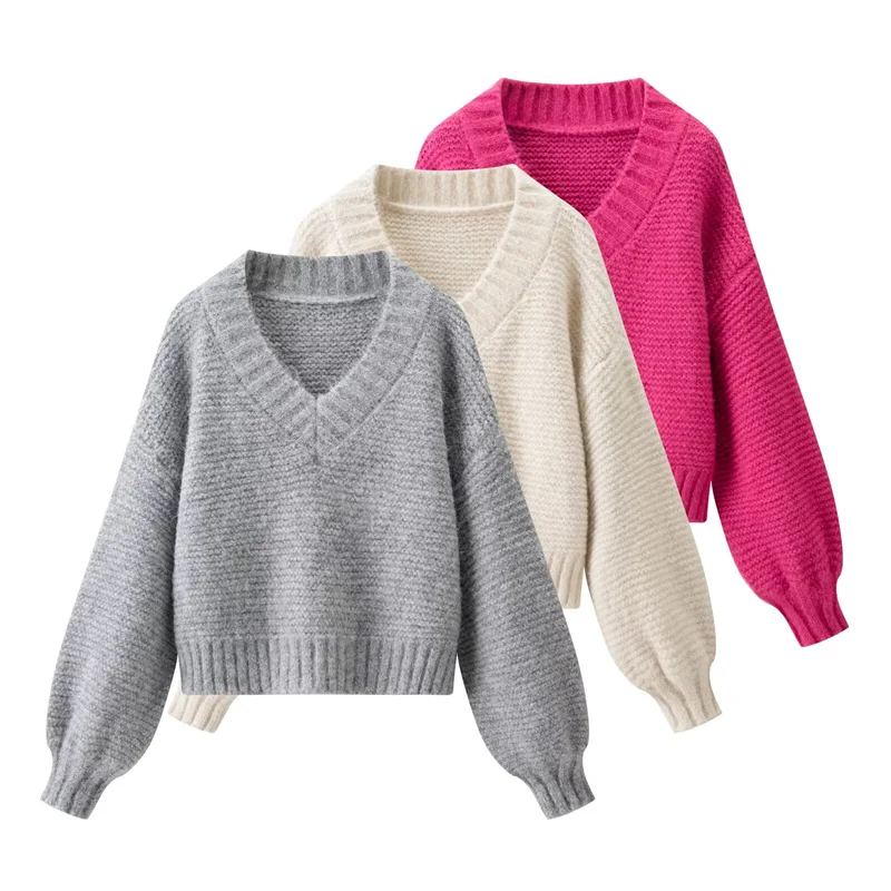 

2025 Autumn New Women's Fashion, Simple and Stylish, V-neck Cropped Sweater, Solid Color Knitwear.