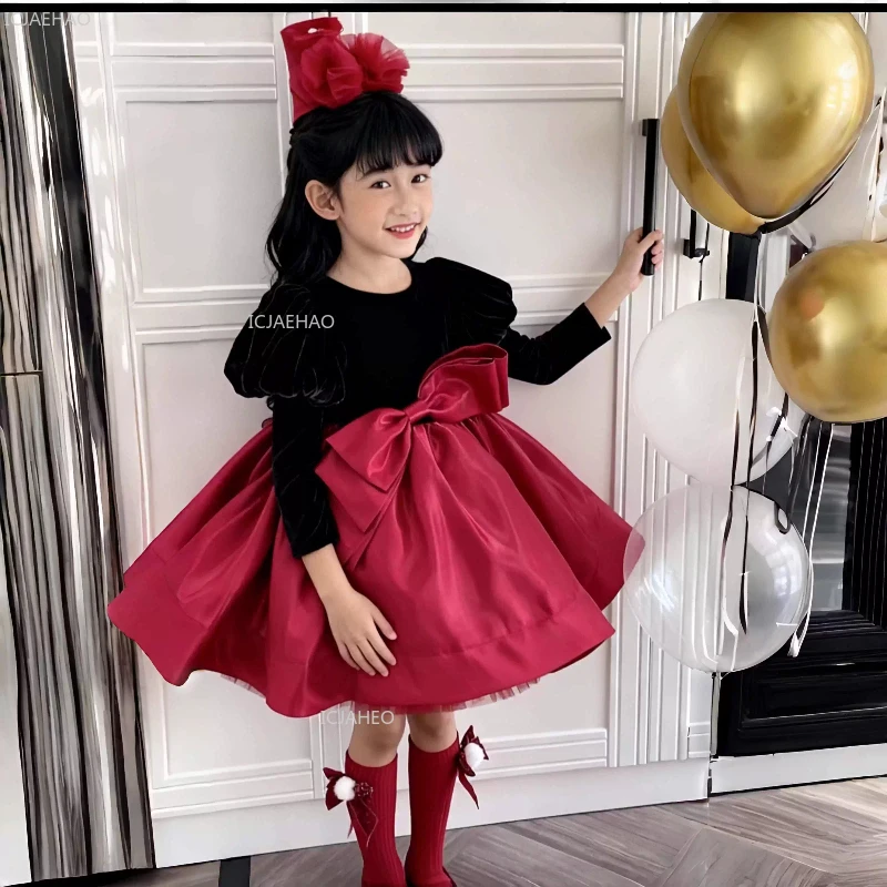 Girls Lolita Style Dress Children Bubble Sleeves Bow Tie Waist Puffy Kids Formal Party Princess Gow Skirt Red Black Color Block