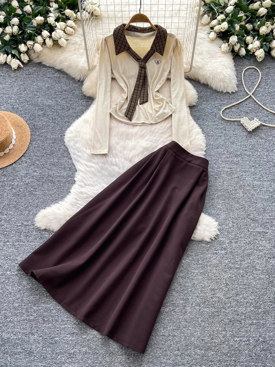 Business Commute Style Plaid Tie Long Sleeve Top High Waist Skirt Two Piece Set Women's Slimming Autumn High End Feeling Set ...