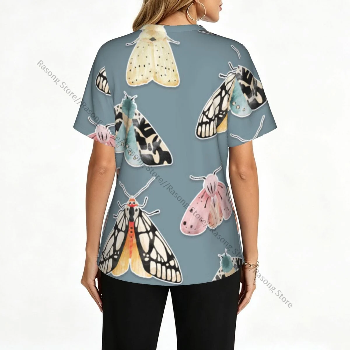 Women V Neck Scrub Top Butterflies And Moths Watercolor Short Sleeve Nurse Hospital Uniforms Female Working Clothes with Pocket