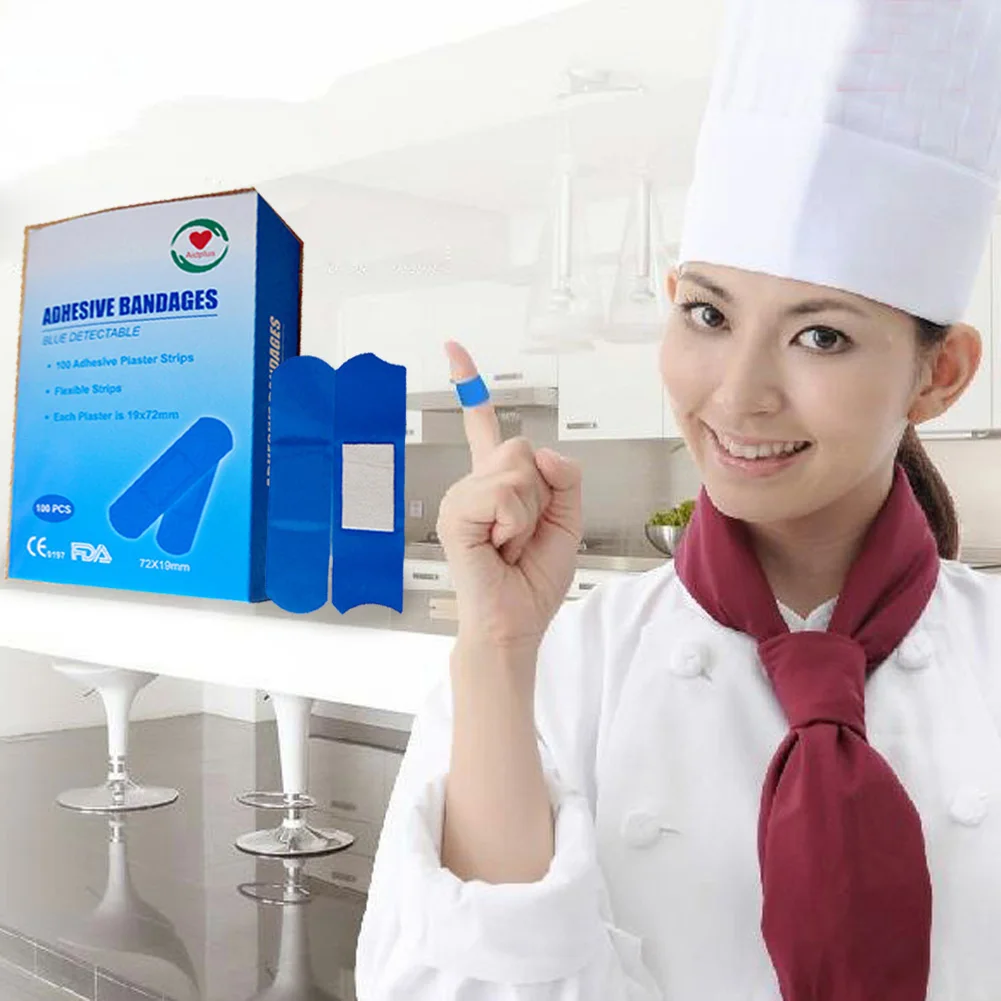 100pcs Skin Cut Adversive Strips Food Grade Blue Medical Adhesive Strips Waterproof Anti-infection Unisex for Hotel Chef