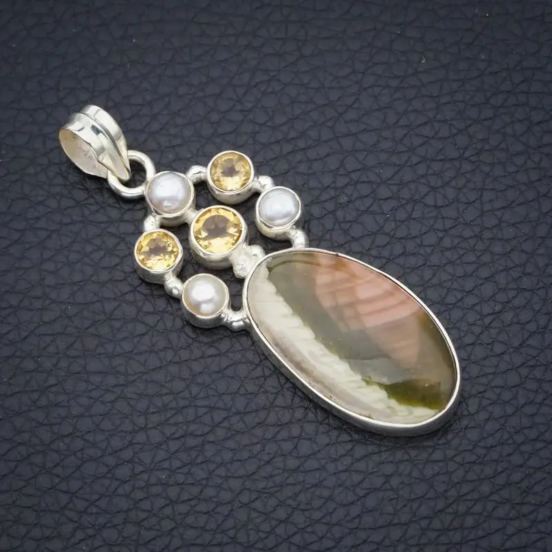 StarGems Natural Imperial Jasper&Citrine And River Pearl Handmade 925 Sterling Silver Pendant 2 1/4