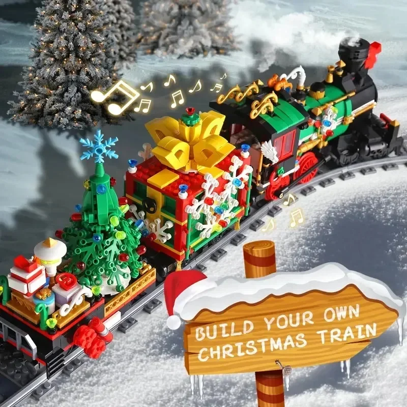 MKING 12012 Magic Train Building Block Set - Remote Control Christmas Train Toy with Light & Music Feature