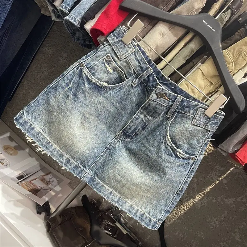 High Waist Denim Mini Skirt with Frayed Hem No Stretch Spring Summer Trendy Women's Fashion Design Back Tie Short Skirt