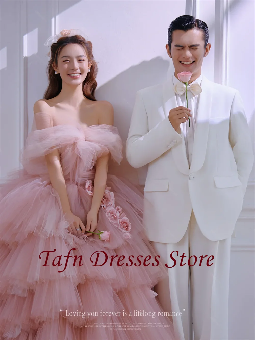 TAFN 2025 New Korea Wedding Shooting Dresses Pink Tulle Off the Shoulder Tiered Pleat Princess Bridal Gown Sweep Train