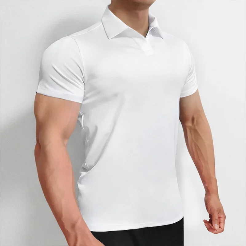 Summer Mens Shirt Elastic Stretch Non Iron Short Sleeve Gym Fitness Shirt Boys Polo Neck Quick Drying Breathable White Shirt 3xl