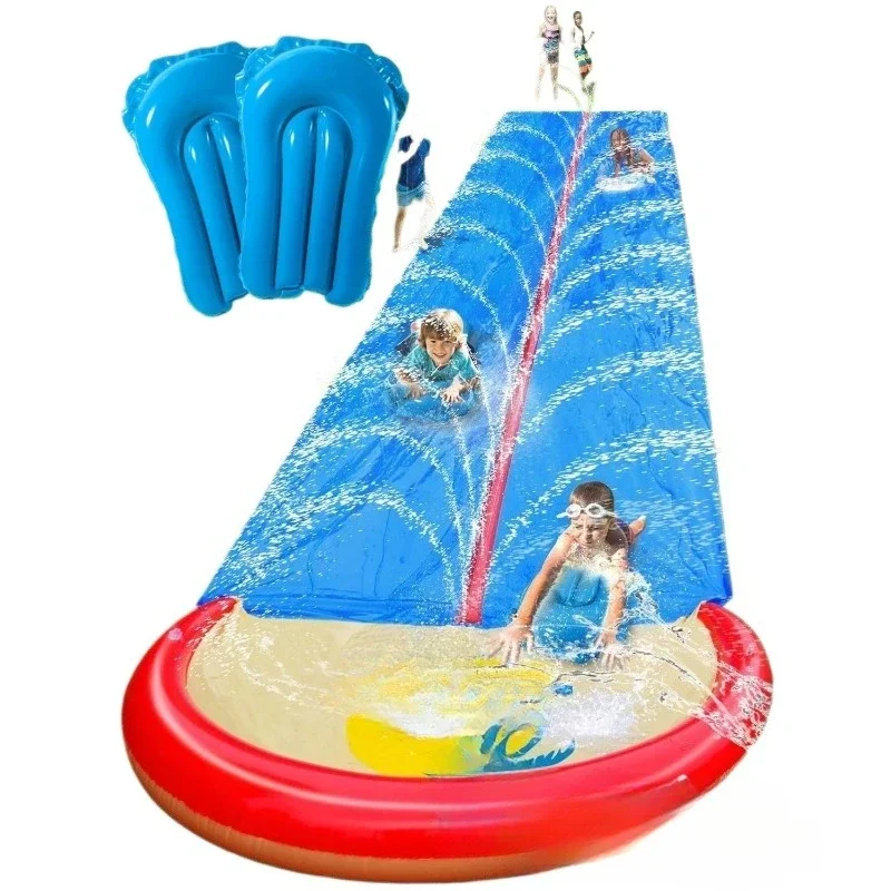 Lawn water slide with two inflatable panels PVC inflatable dual lane water slide with sprinkler