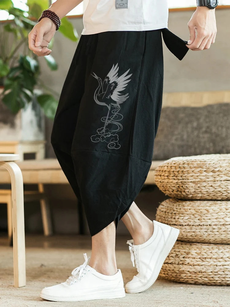 

Linen Embroidered Harlan Pants Men's Summer Cotton-Linen Lantern Pants Loose Wide Leg Eighteen Pants Casual Loose Fit Youthful