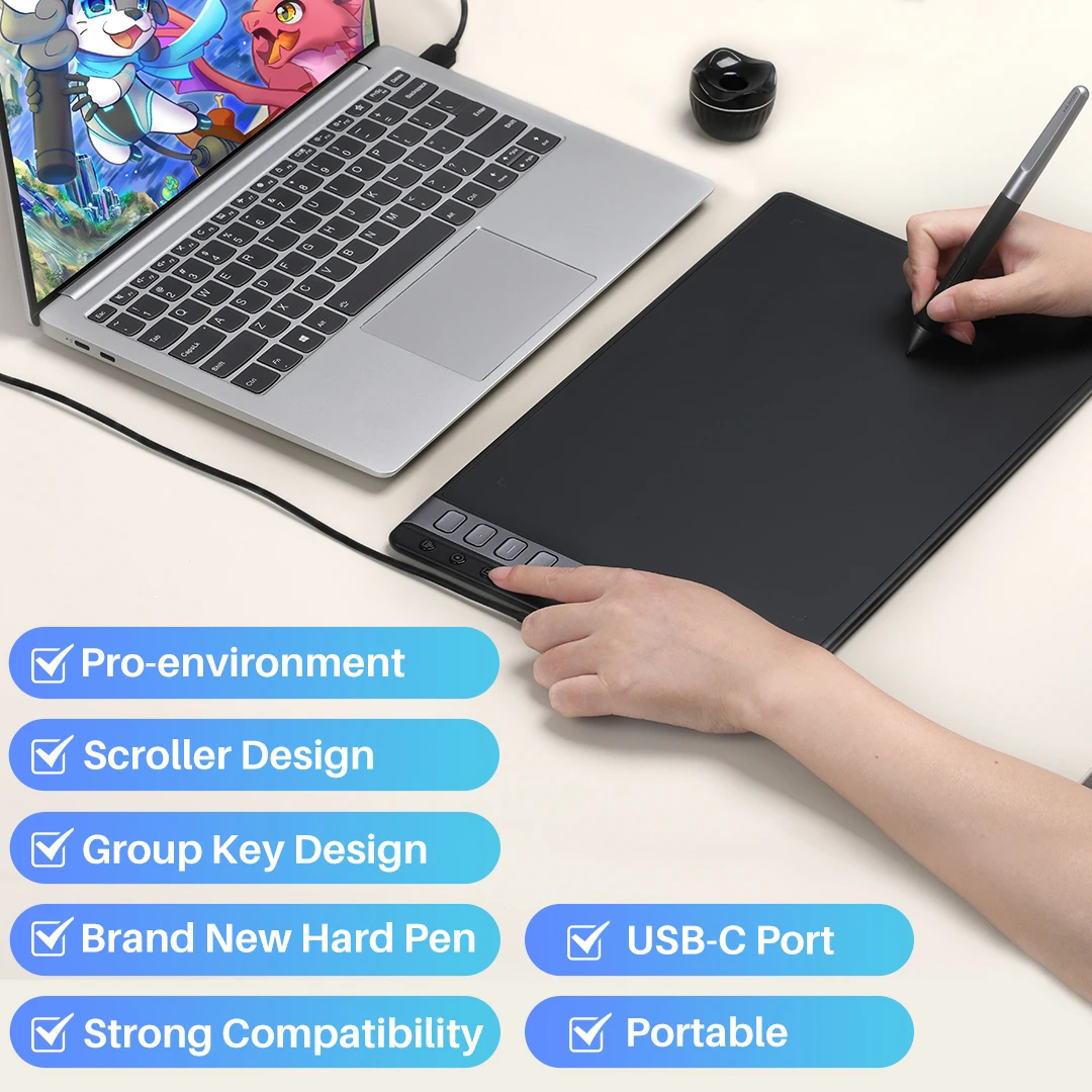 H1061P 10x6 Inch Battery-free 8 Programmable Press Keys Drawing Digital Tableta Grafica for Designer