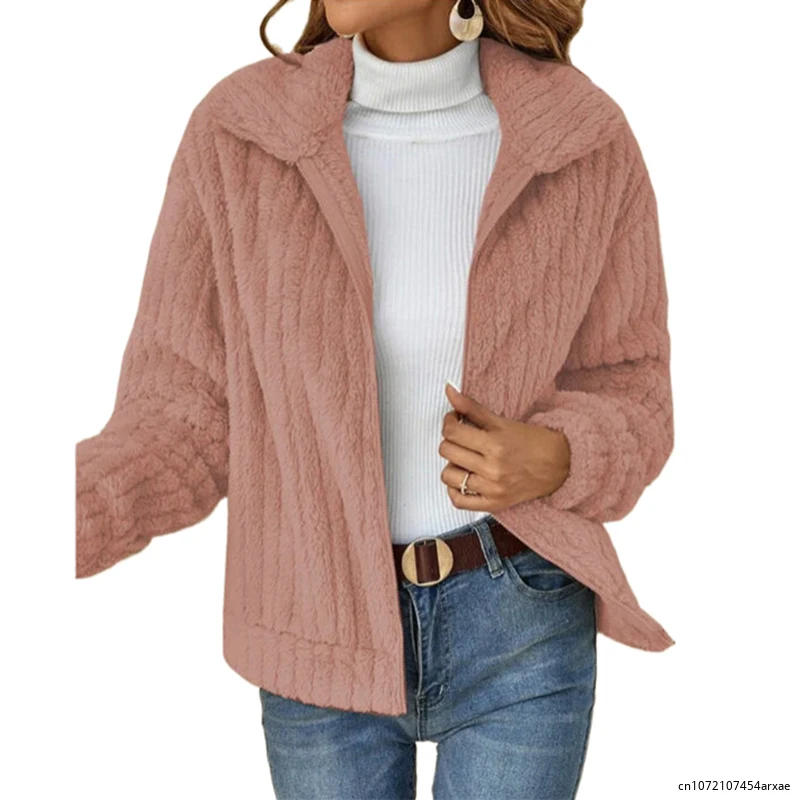 Herbst pelzige Strickjacke Revers Jacke kurze Jacke warm Plüsch Fleece Reiß verschluss lässig Mantel Top