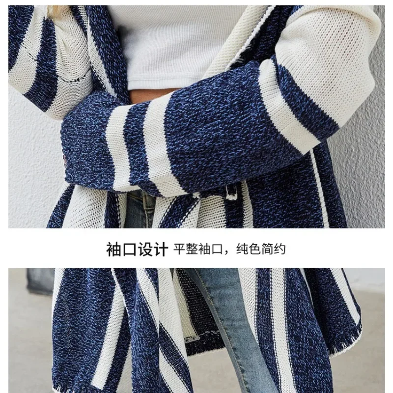 Women\'s Autumn and Winter Fashion Elegant Hooded Stripe Contrast Irregular Long Sleeve Loose Sweater Knitted Cardigan Coat Tops