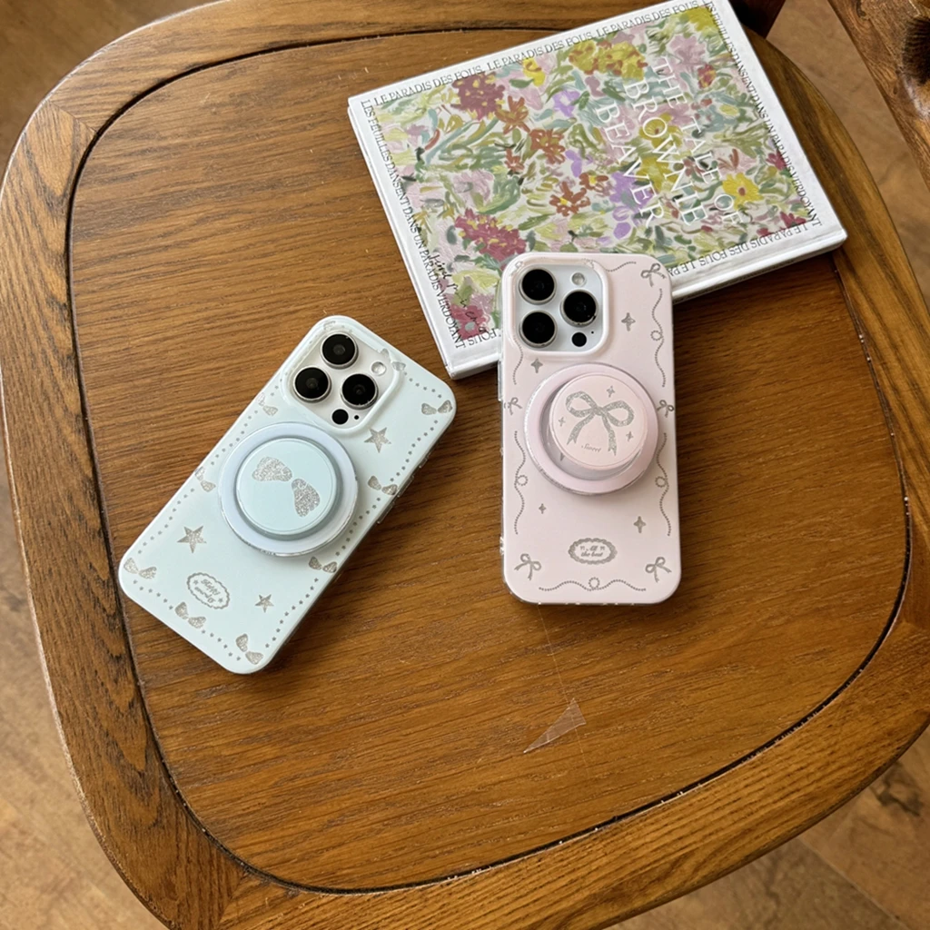 

Арт-блестящий синий крылья ангела с розовым бантом и держателем, чехол для телефона с магнитной беспроводной зарядкой для iPhone 16, 15, 14, 13 Pro Max