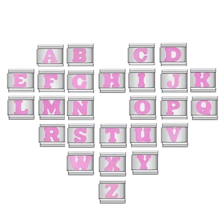 Pink Color 26 English A-Z Letters Italian Charm Fashion Link Fit 9mm Bracelet Stainless Steel DIY Jewelry Making Beads Wholesale