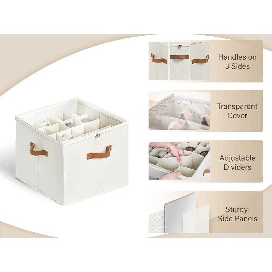 Organizer na buty do szafy, mieści do 16 par, pojemniki na buty z regulowanymi przegródkami i przezroczystą pokrywą, beżowy.