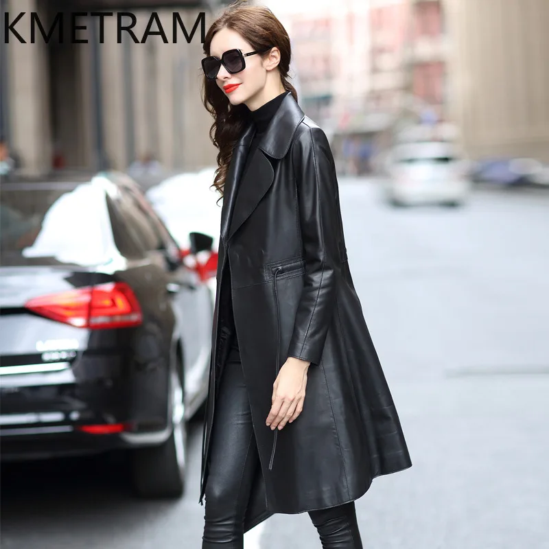 KMETRAM Genuine Sheepskin Leather Jacket Woman Stylish Mid-Length Slim Trench Coat New Autumn Jackets Women Clothing 2026 casaco