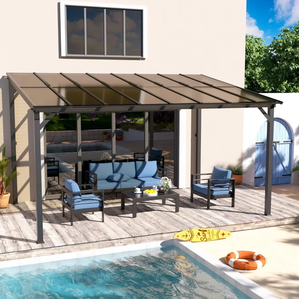 

10' x 14' Wall Mounted Gazebo, Easy to Install Lean to Gazebo with Sturdy Steel Frame and UV Resistant Polycarbonate Roof, Larg
