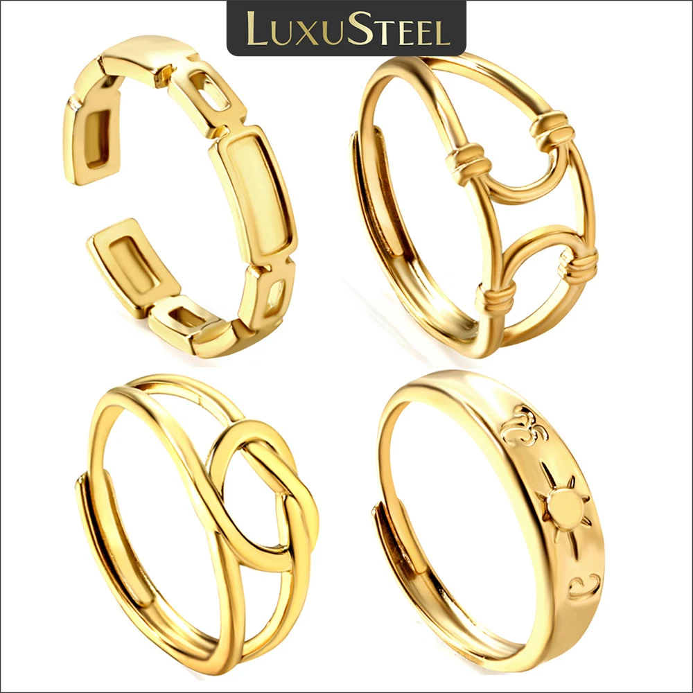 LUXUSTEEL Vintage Stainless Steel Finger Rings For Women Men Golden Plated Geometric Open Ring Adjustable Retro Party Jewelry