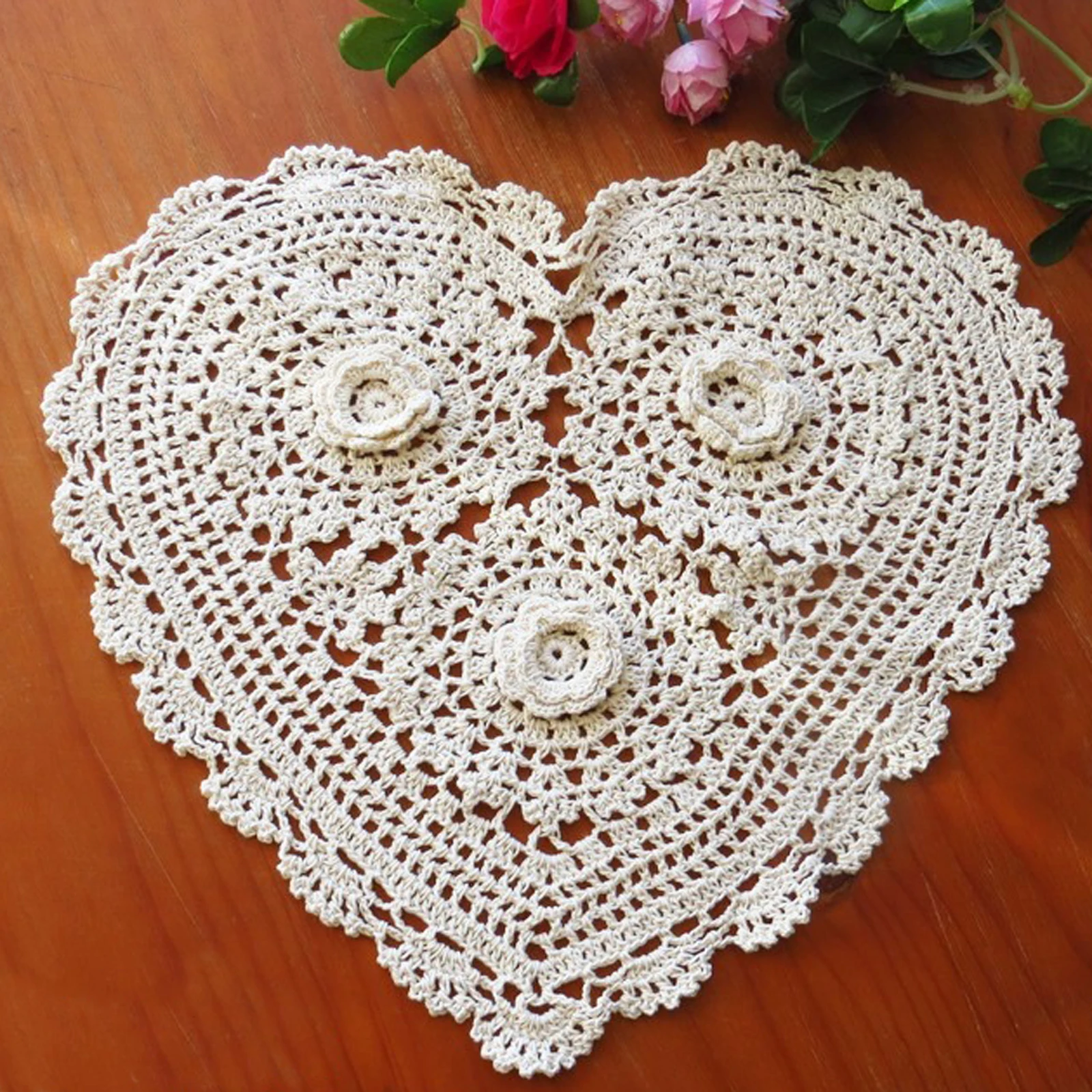 BomHCS  2PCS Heart Placemats Lace Flower Table Doilies Handmade Crochet Kitchen Cafe Bar Counter Place Mats