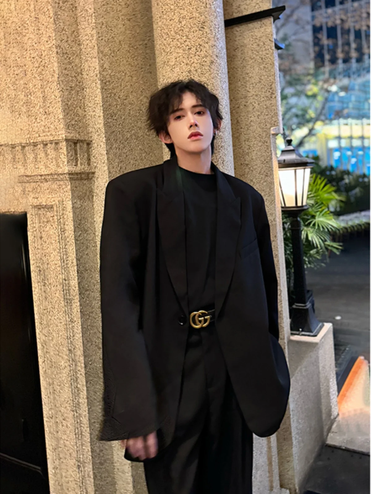 

Black Casual Men's Suit Jacket Shoulder Pad English Notch Lapel Spring Autumn British Style Fashionable Youth Poplin Fabric