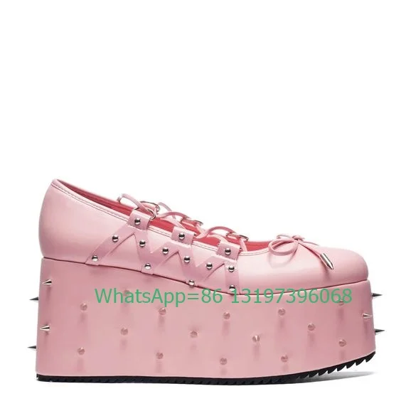 Lady pink studded rock design platformy sznurowane buty wycięte różowe PU Y2K design buty eleganckie sznurowane buty z kokardką rozmiar 46