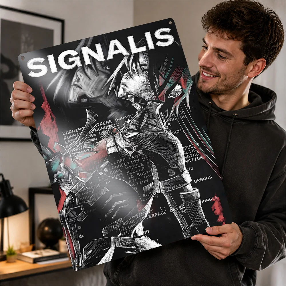 Signalis Character Collage Aluminum Poster Personalized Metal Sign Futuristic World Design Wall Art Made To Suit Collector Den