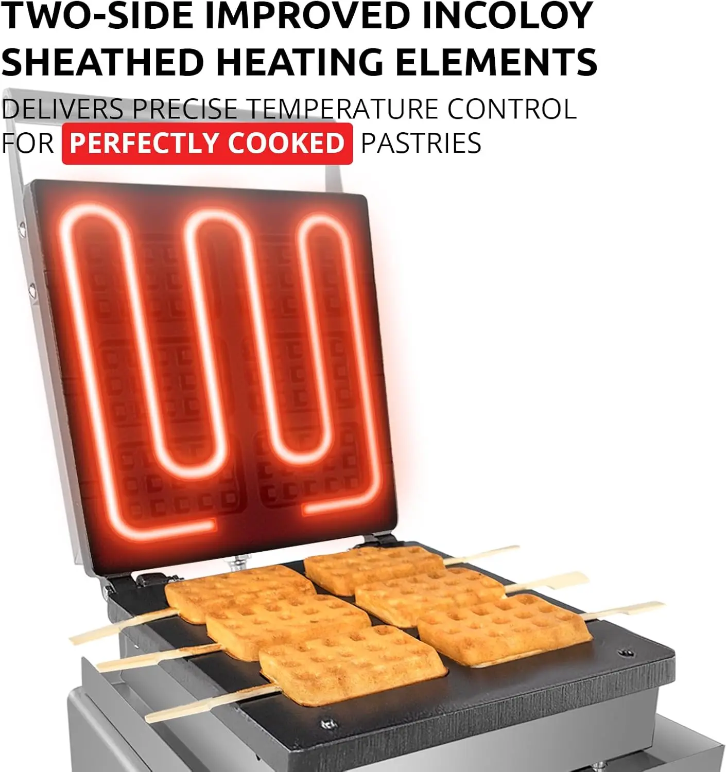 صانع الوافل البلجيكي سميك |   نوع الصحافة |   الاستخدام المهني |   الفولاذ المقاوم للصدأ |   غير لاصق |   110 فولت (6 وافل على عصا)