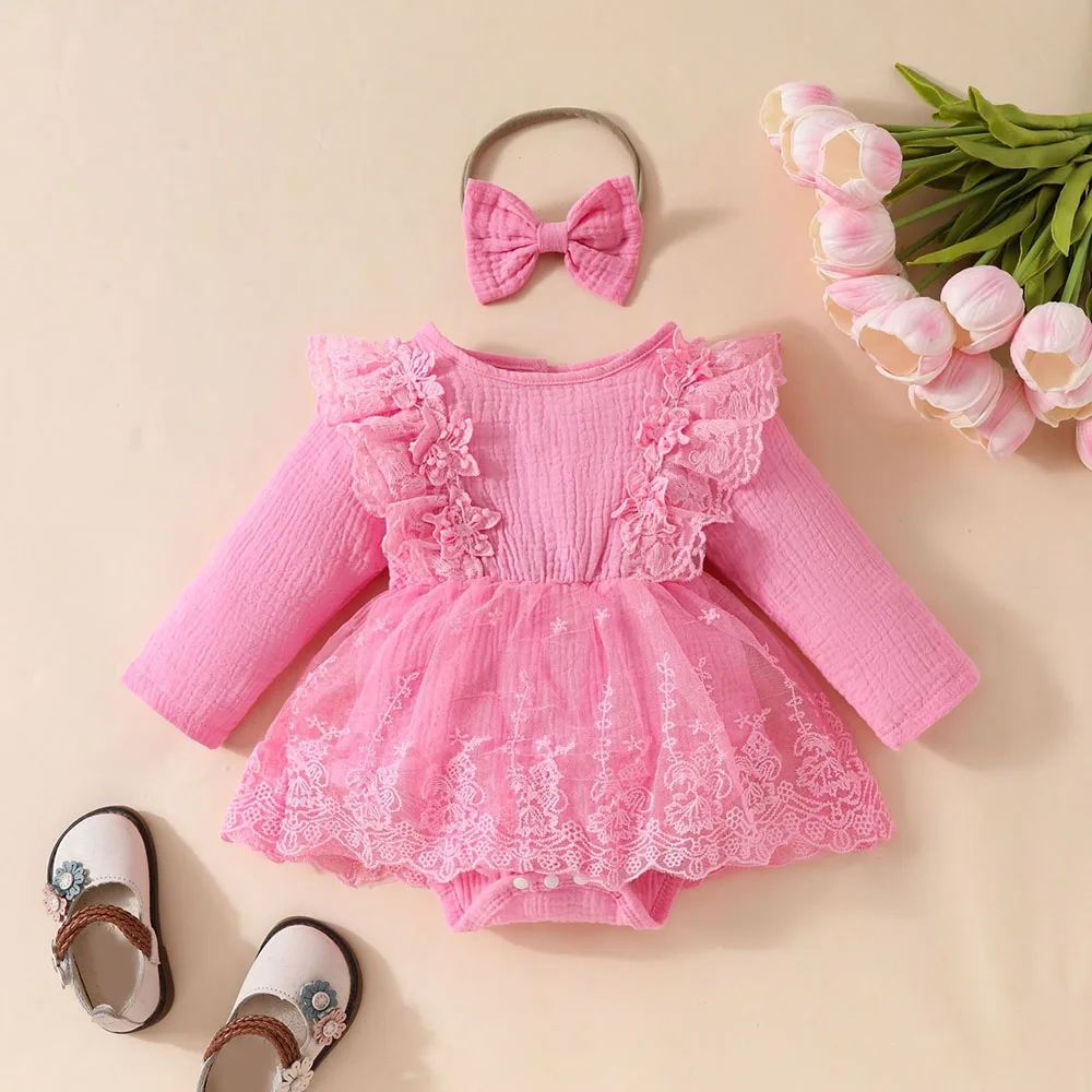 

2Pcs Baby Autumn Clothing Girls Outfits Ruffle Long Sleeve Floral Bodysuit with Headband Toddler Sweet Mesh Skirt