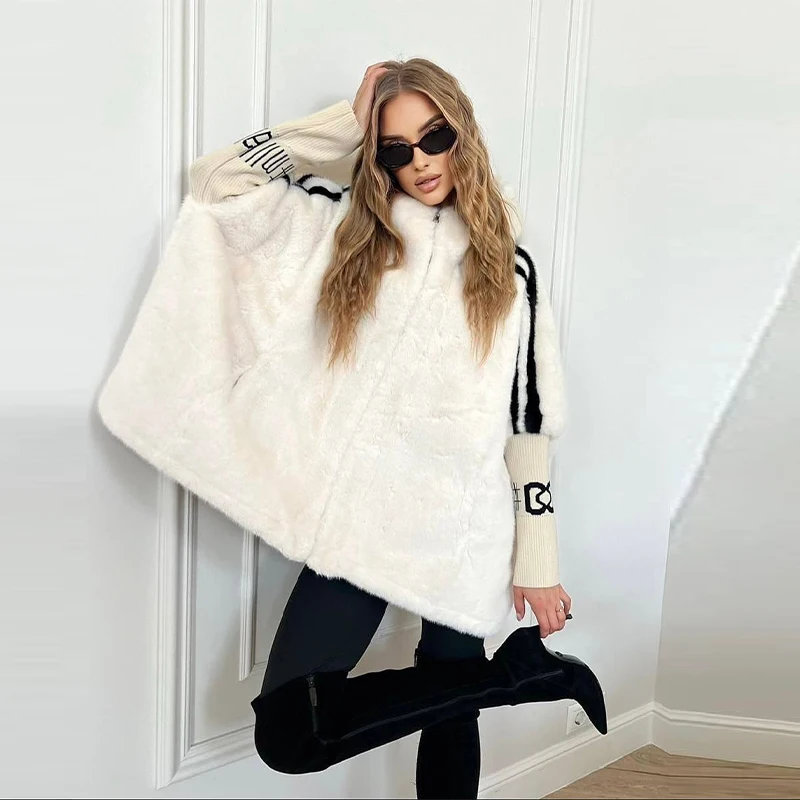 

Warm Faux Fur Oversize Hooded Coat For Women Fashion Patchwork Knitted Sleeves Zipper Jackets Autumn Winter Lady Coats