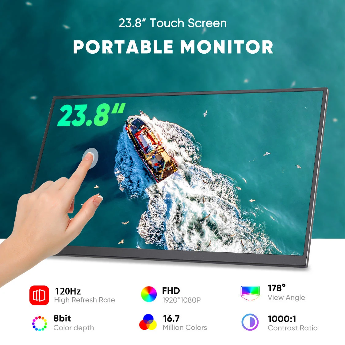 Portable Monitor Touchscreen 23.8Inch 120hz 100%sRGB IPS w/VESA&180° Adjustable Stand For Laptop PC Mac Switch PS5 iPhone HUAWEI