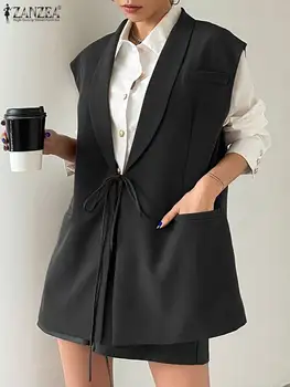 Zanzea-女性用ノースリーブベスト,ラペルカラーのウエストコート,エレガントなレースアップジャケット,特大のアウター,韓国スタイルのファッション