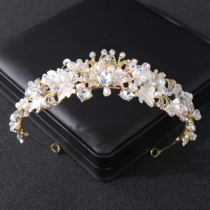 Silver Color Pearl Crystal Crown Headband Flower Rhinestone Gold Tiara Diadem Party Women Bride Wedding Hair Accessories Jewelry