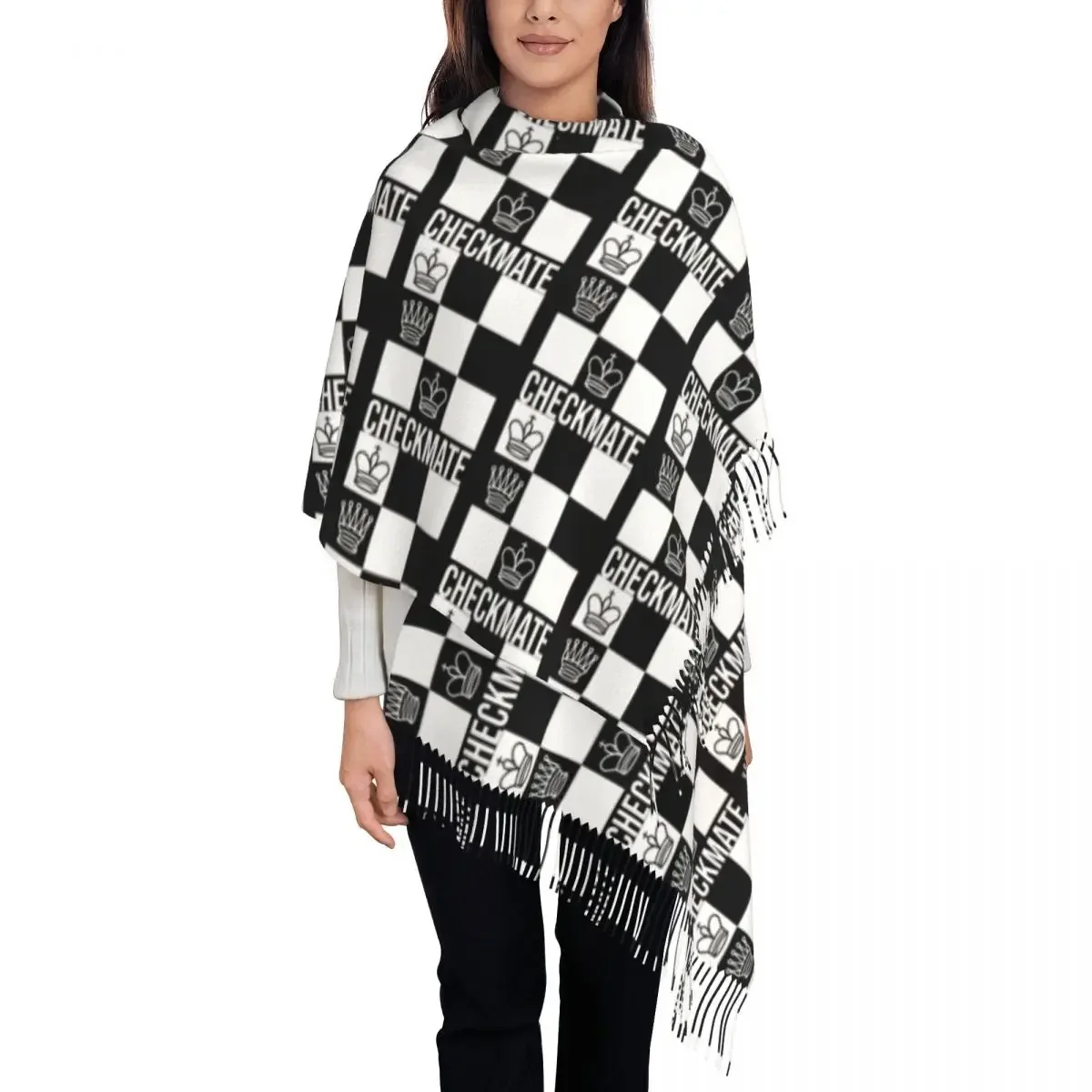 Female Long Checkmate Chess Board Scarves Women Winter Thick Warm Tassel Shawl Wraps Game Chessboard Scarf