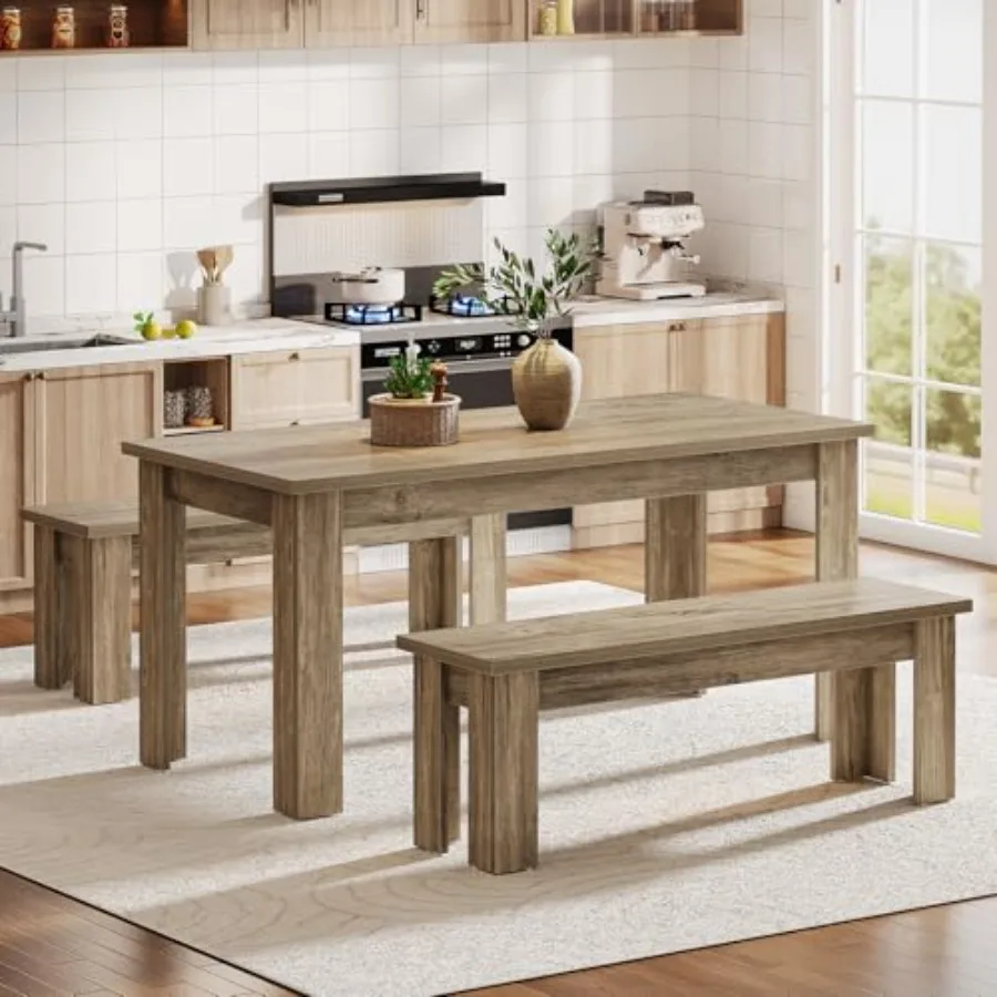 Dining Table Set for 6 55.1Inch Rectangle Kitchen Table with 2 Benches 3Piece Wooden Dining Room Table Set for Kitchen